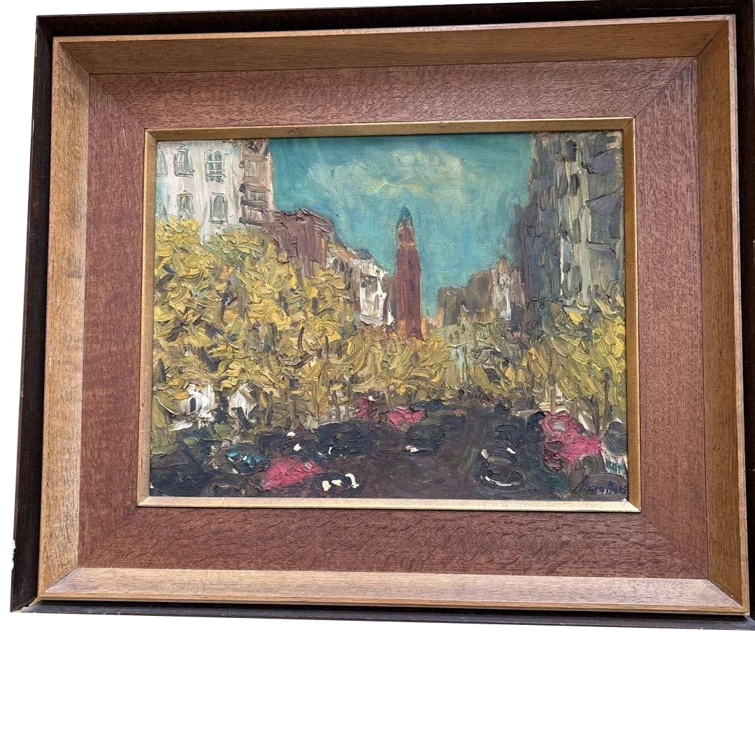 Oil painting, Aoki Shiro, Yokohama Landscape: Accompanied by a classic dark brown wooden frame. This painting possibly depicts the view of Yokohama from the direction of the Kanto region towards the port. Painting dimensions approximately: vertic