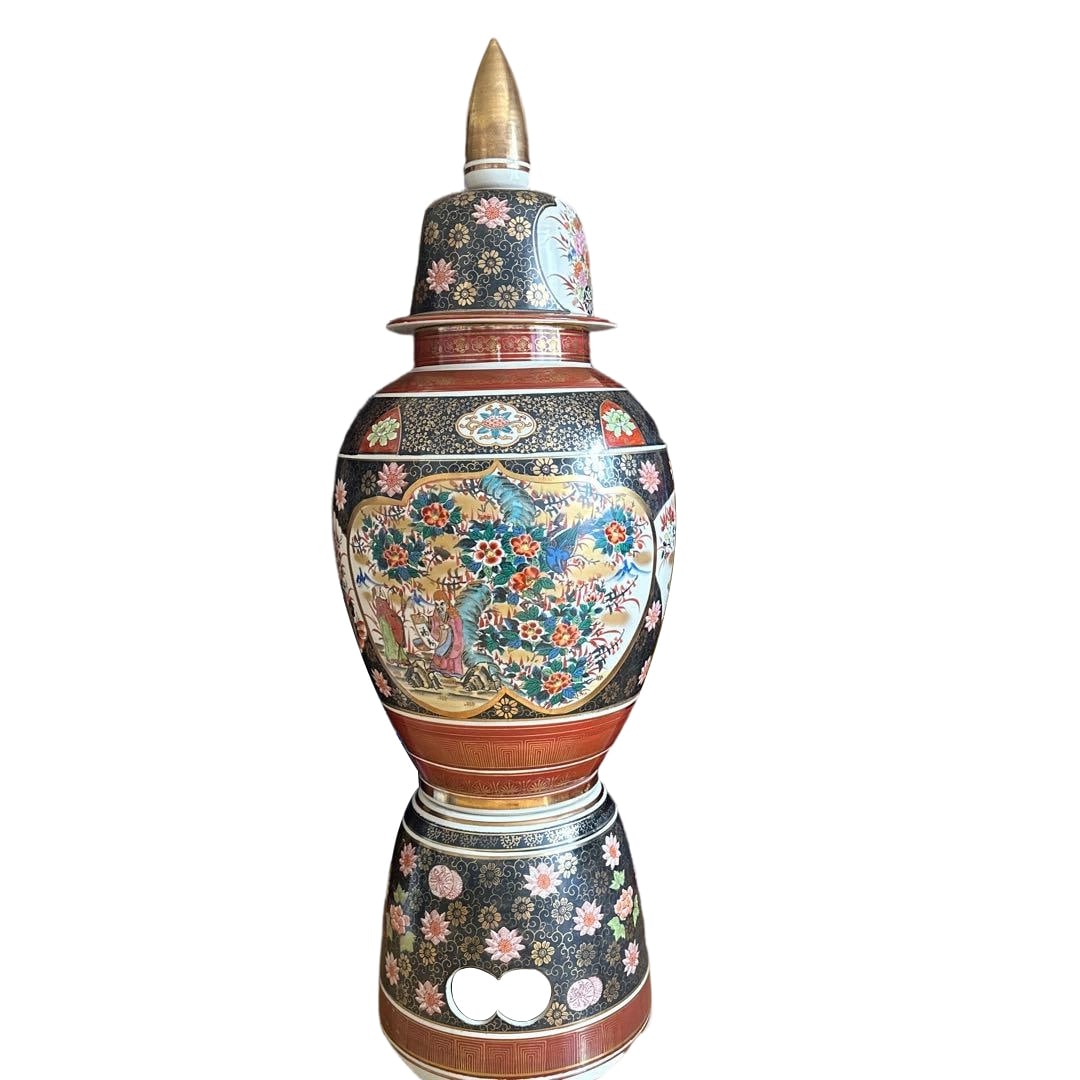 Large Kutani Ware Decorative Vase with Figure and Flower-Bird Motif, Approximately 125cm in Height,: Large Kutani Ware Decorative Vase with Figure and Bird-and-Flower Design, Height Approximately 125 cm, Three-Tiered Vase, Ceramic Art
