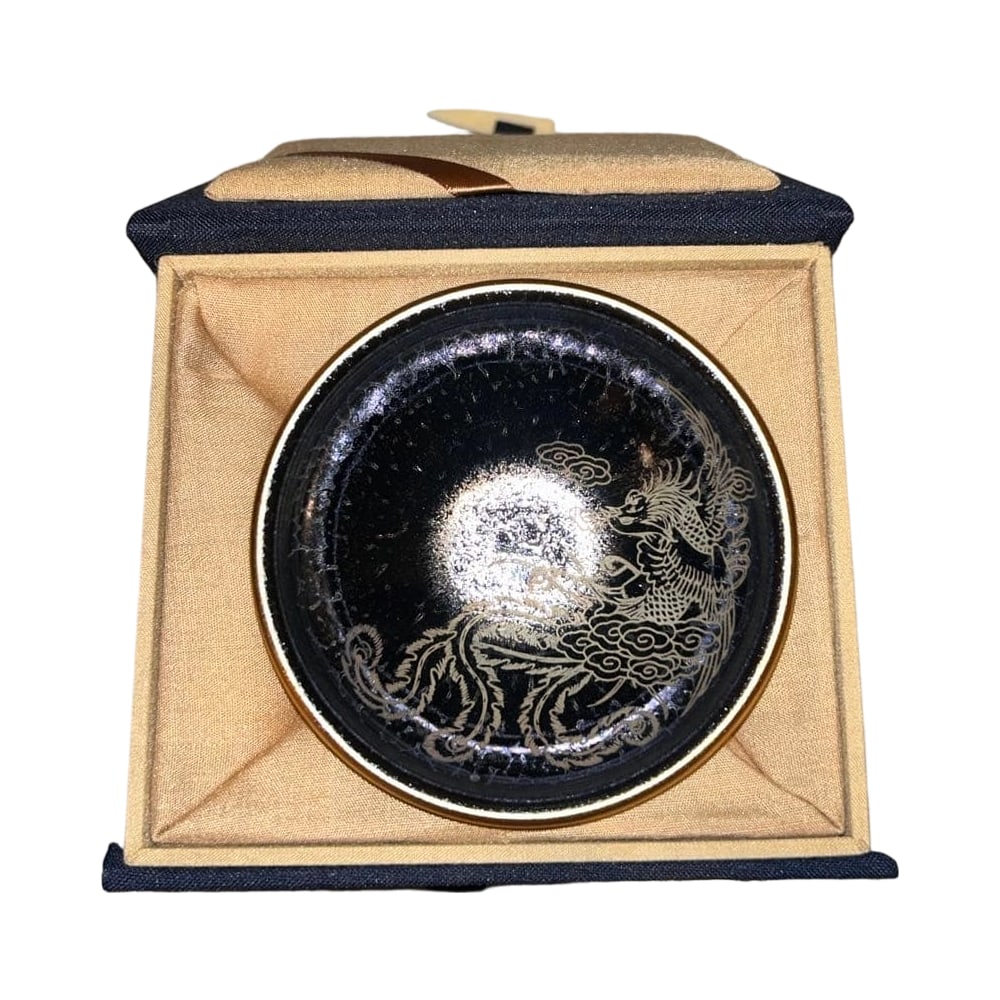 Inscribed: Chinese Antique Art, Makie Natsume, Tenmoku Chawan, Dragon Face with Phoenix Body, Gilded: Inscribed with Chinese Antique Art, Makie Natsume, Tenmoku Chawan, Dragon Face with Phoenix Body, Gilded Rim, With Box, Jian Zhan.