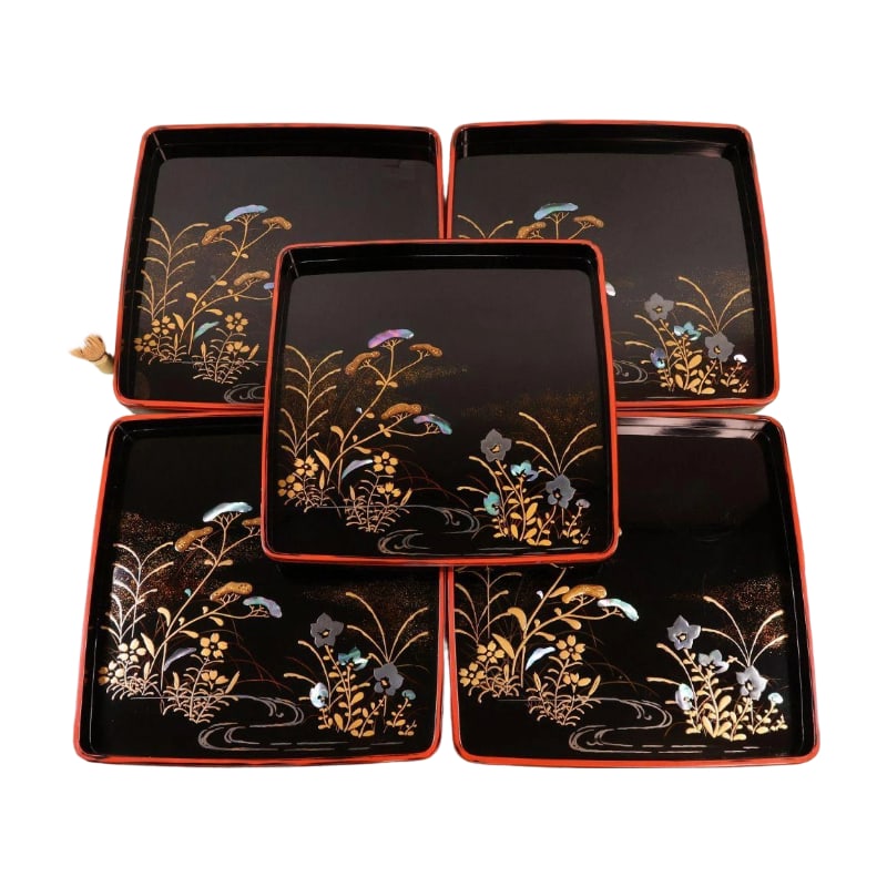 Set of Five Old Trays "Flowing Water and Flowers" in Gold and Silver Makie, Square Trays for (1 of 20)