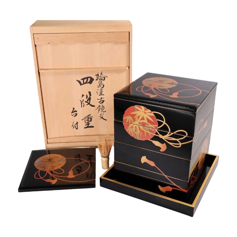 Wajima Lacquerware, Antique Mirror Makie (Gold Lacquer) and Mother-of-Pearl Inlay, Four-Tier Bento (1 of 20)