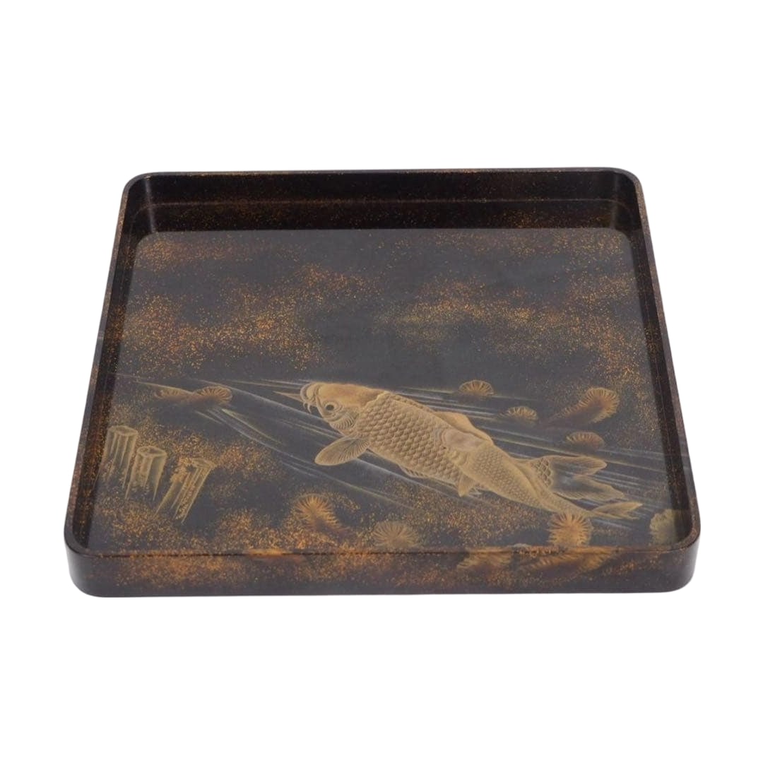Late Edo period, lacquerware master Yamamoto Harumasa VII (Shotoku) work, roiro koi painting square (1 of 15)