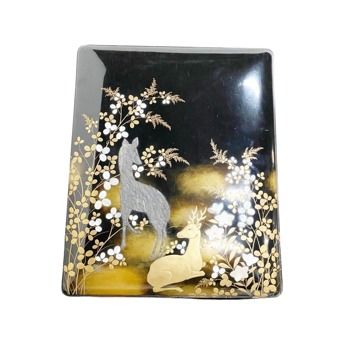 Ogata Korin Akikusa Hagi Shika Makie / Shikki Raden Saiku / Goyomibunko / Goyobako / Niju Tomobako: Ogata Korin Autumn Grasses, Bush Clover, and Deer Makie / Lacquer Art with Raden Inlay / Imperial Library / Imperial Inkstone Box / Double Tomobako Document BoxDimensions & Weight: Width 32cm, Depth 3