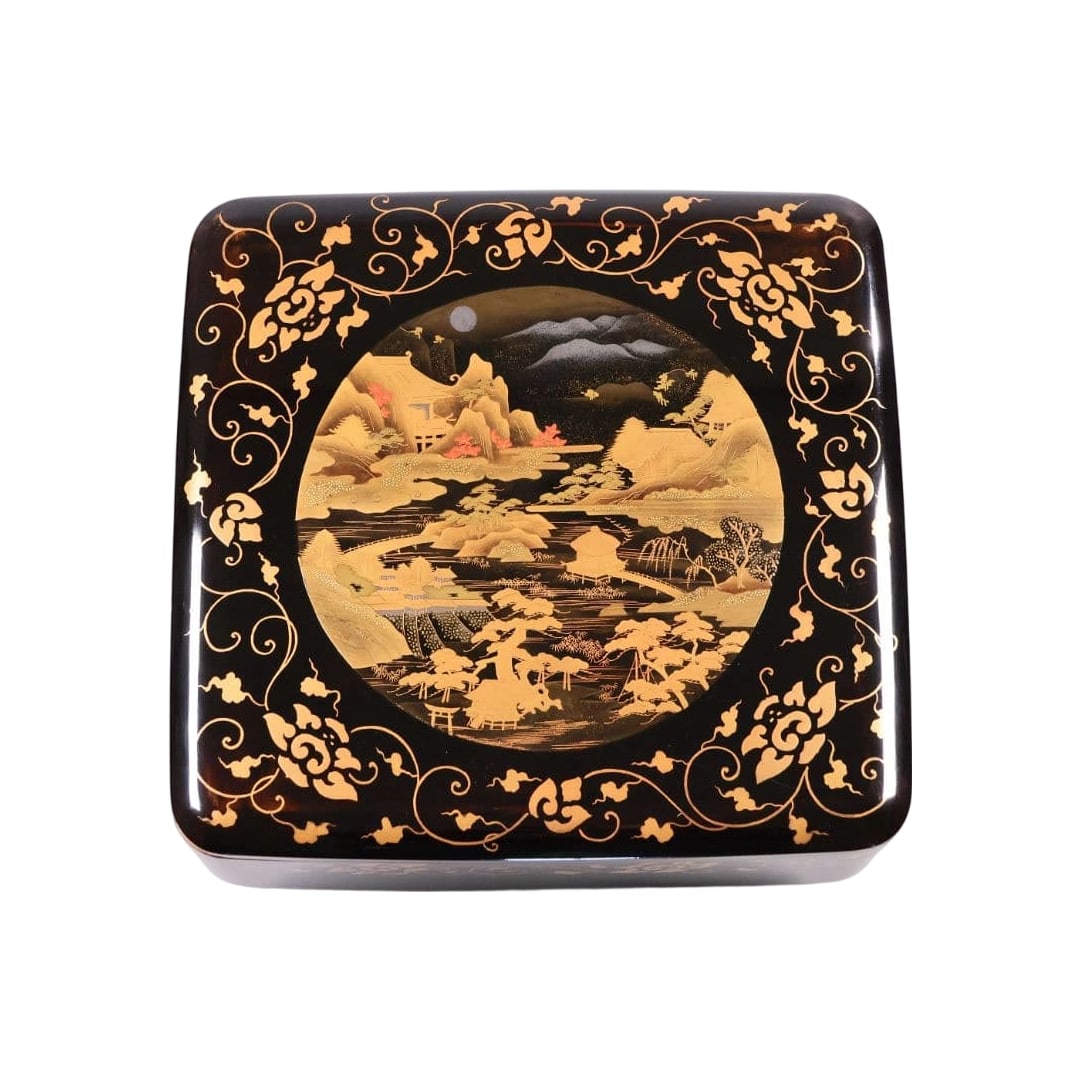 Kaga Maki-e Manjubako, Interior Nashiji, Tower and Landscape, Musical Instruments and Floral: Period Kaga Maki-e Manju Box with Nashiji Interior, Pavilion Landscape, Musical Instruments, and Floral Arabesque in Gold Maki-e Confectionery ContainerExcluding the tea whisk, all items shown in the