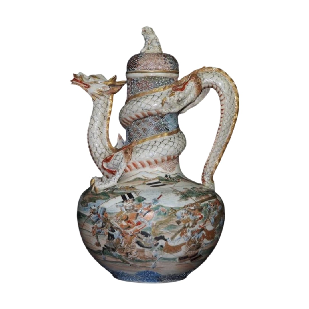 Meiji Satsuma Ware Ewer with Warrior and Dragon Spouting Water Design, Accompanied by Wooden Box: Description:Height approximately 25 cm, width approximately 16.5 x 15 cmAs shown in the image, this is a Meiji Satsuma ware depicting a warrior with a dragon spouting water. Due to its age, it is a ra
