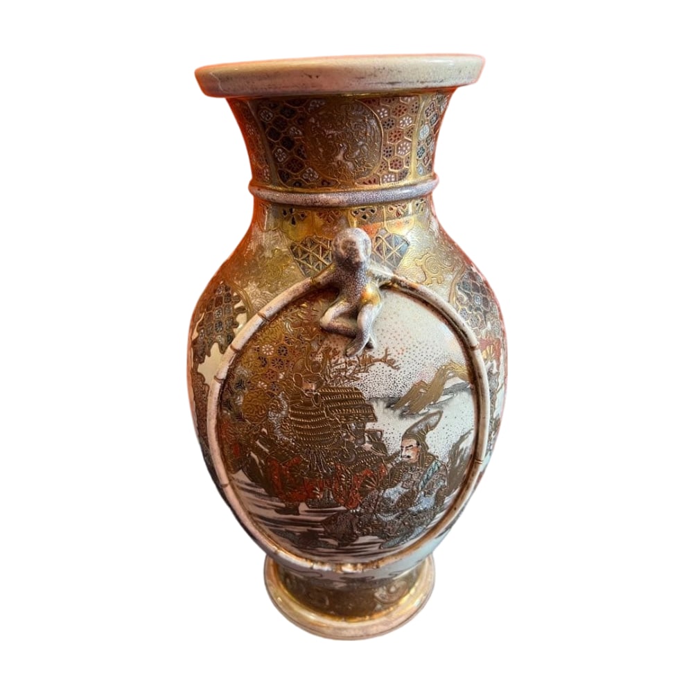 Meiji Period Satsuma Ware Vase with Gilt Figures and Kinrande Decoration: Meiji Period Satsuma Ware Vase with Gilt Figures and Kinrande DecorationDimensions Width: 18cm Height: 33cm