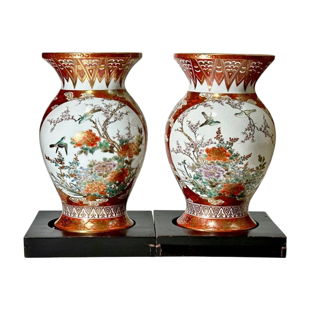 Meiji Kutani Matsumoto Sahei Shoundo Pair of Aka-e Kin-sai Plum and Warbler Design Vases with "Three: The item on offer is an extremely rare work by Matsumoto Sahei, a leading figure of Meiji Kutani. This is a pair of Aka-e Kin-sai vases, each standing 29cm tall. From the photographs, it is evident