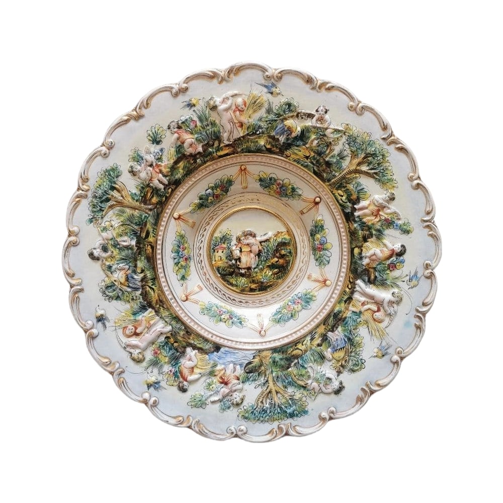 Antique Capodimonte Large Decorative Plate, Deep Large Plate, "The Harvest of Children": This is a beautiful antique Capodimonte large decorative plate with unique hand-painted and hand-colored lace decoration, deep dish.Consigned by a client who purchased it from an antique shop in