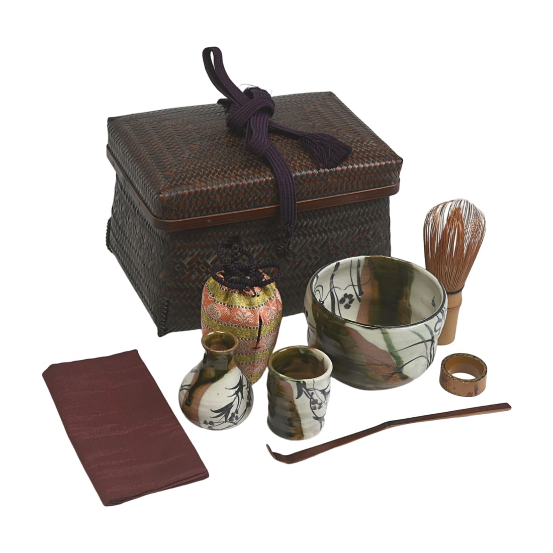 Tea Cage (Gosho-go) Set, Tea Ceremony Utensils Set: Size: Tea Basket: Height 13 cm, 14 x 20 cm Tea Caddy: Height 7.5 cm (including lid) Tea Bowl: Height 7.5 cm, Width 10 cm Accessories: Goshokago, Fukusa, Tea Caddy, Chasen, Furidashi, Chashaku,