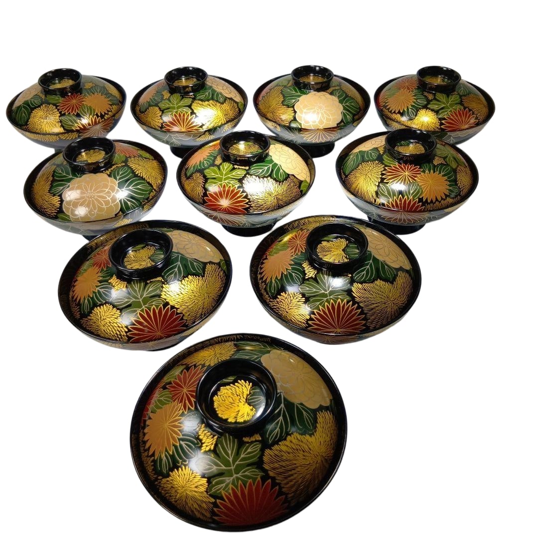 Wajima-nuri Makie Suimono Bowls, Set of 10, with Tomobako: Wajima-nuri Makie Suimono Bowls, Set of 10, with Tomobako.