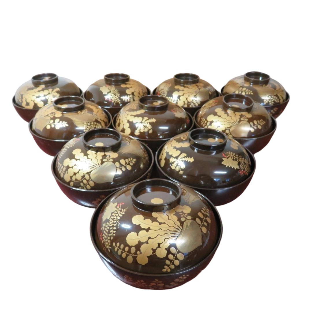 Set of ten suimono bowls with lids, lacquerware. (1 of 11)