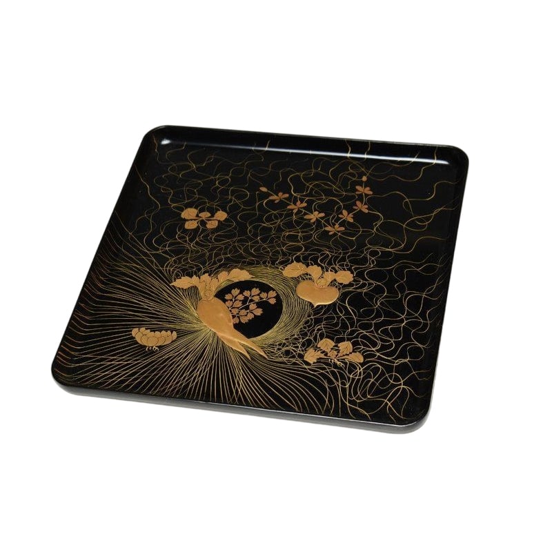 Set of Ten Black Lacquered Wooden Trays with Maki-e Decoration of Radish and Turnip Design for (1 of 11)