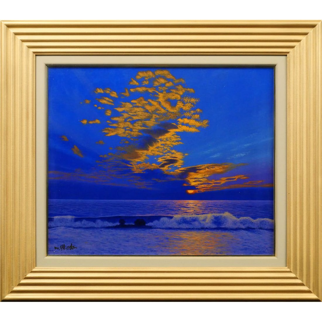 Shioda Mitsuo "Yusai Nihonkai" Oil Painting: Artist: Mitsuo Shioda Title: Evening Colors, Sea of Japan Technique: Oil on canvas Dimensions: F8 size (37.9 x 45.5 cm) Frame Dimensions: 55 x 62.5 cm Condition of Work: Good Condition of Frame: Good 