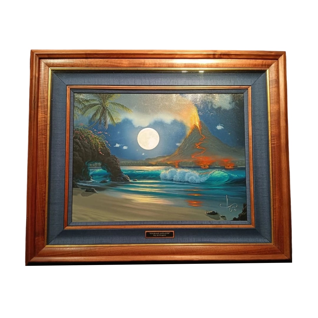 John Al Hogue "Hawaii Aglow" Oil Painting, Size F10: Oil Painting Original by John Al Hogue - Marine Art, Hawaiian VolcanoFrame Dimensions: Approximately 88.5 x 73.0 cmThe artwork, frame, and acrylic are all in good conditionIncludes box and yellow bag
