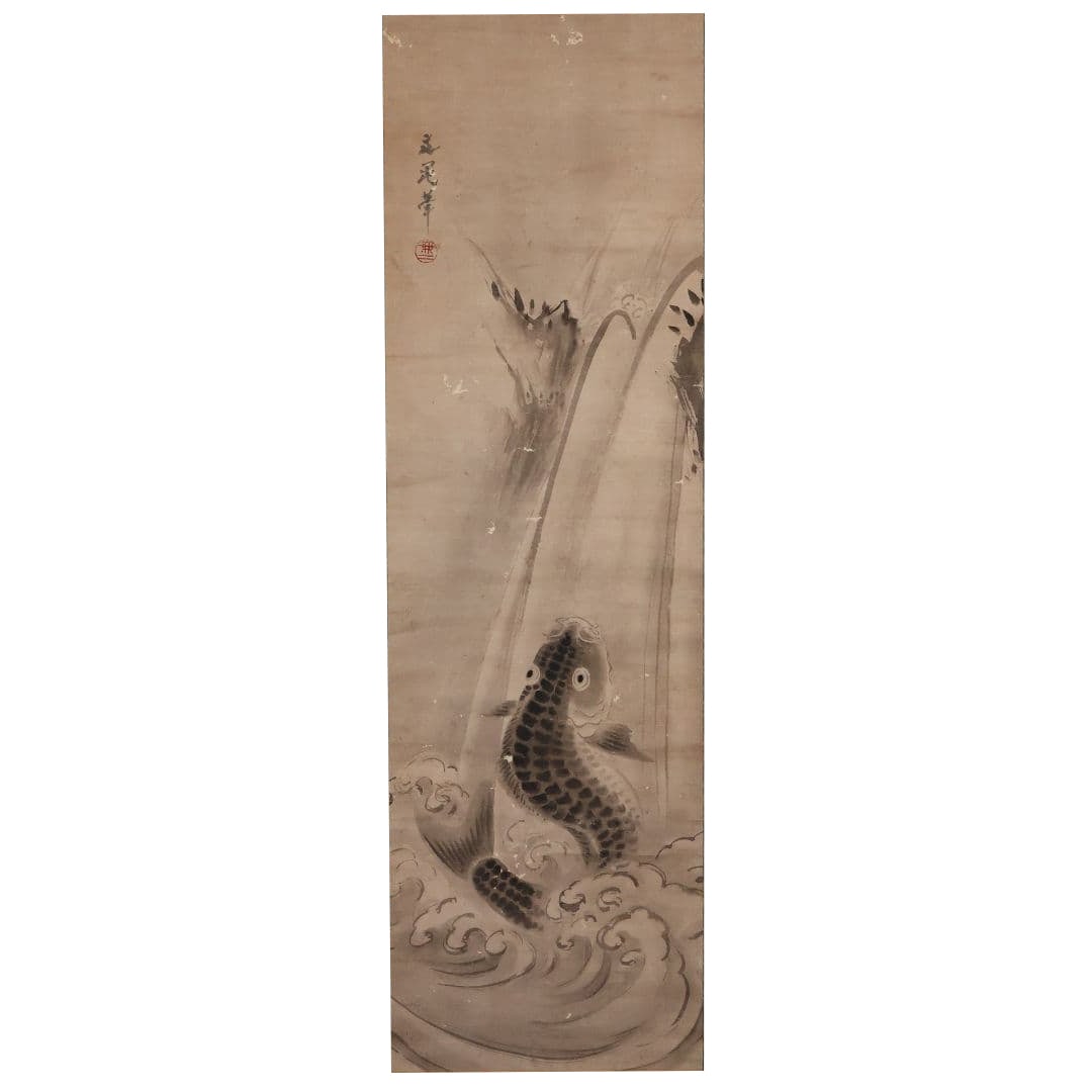 Nihonga by Tani Buncho, "Carp Leaping Over Dragon Gate," ink and color on paper, hanging scroll,: Nihonga by Tani Buncho, "Carp Leaping Over Dragon Gate," mounted on paper, hanging scroll, housed in a wooden box.Paper / Exhibits discoloration, stains, peeling, wrinkles, and scratches. Mounting / A