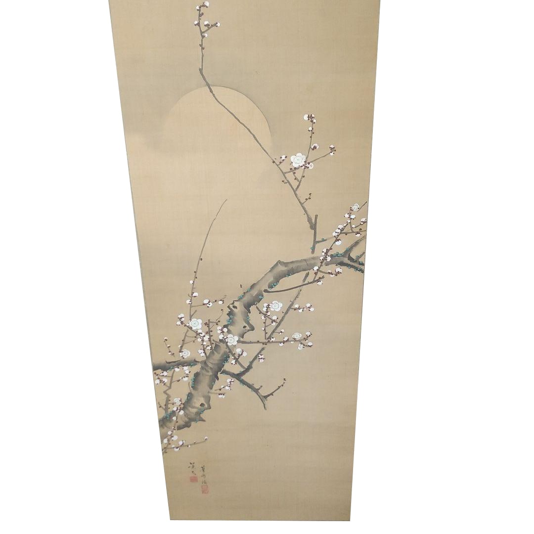 Matsumura Keibun "Gekka Bai" Silk Hanging Scroll: Matsumura Keibun, "Plum Blossoms Under the Moon," Silk Hanging Scroll, Signed by RoshuDimensions approximately 181cm x 50cm.Matsumura Keibun (1779 [An'ei 8] C 1843 [Tenpo 23])Japanese painter. Born in