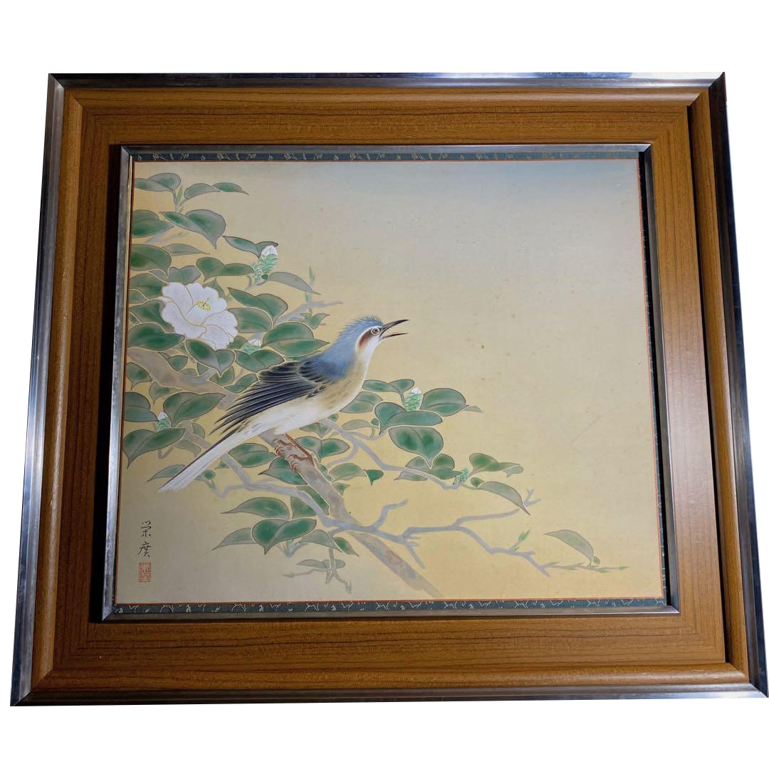 Ikeda Eiko "Camellia and Small Bird" Nihonga, Double Glass, Framed (1 of 12)