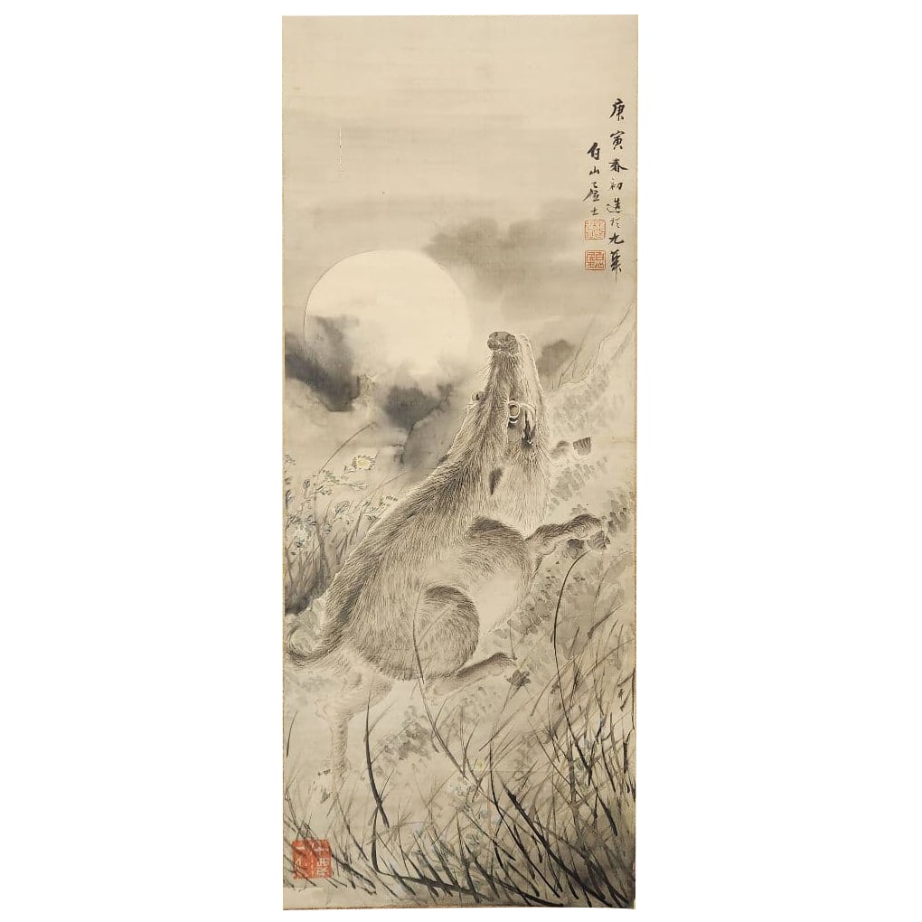Asai Ryuto, Wild Boar, Hanging Scroll, Hand-painted: Against the backdrop of a full moon, it depicts a majestic boar.Main Paper: Approximately 107x42cm Overall: Approximately 187x64cm Silk: Accompanied by a wooden box Condition: Generally goodArtist: As