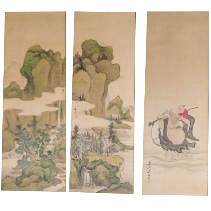 A set of three hanging scrolls of landscapes by Tani Buncho. (1 of 11)