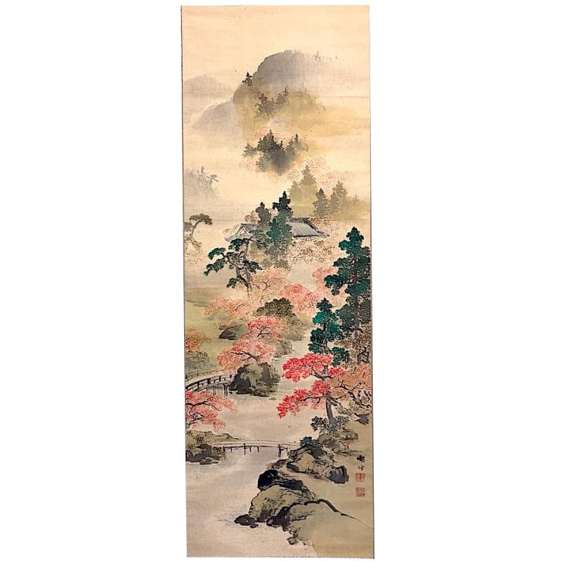 Hanging Scroll, Nihonga, by Katsurada Koko. Title: Eikando Temple. Color on Silk.: Hanging Scroll, Nihonga, by Katsurada Koko. Title: Eikando Temple. Color on Silk, No Box.Dimensions: Overall length approximately 208 cm x width approximately 62 cm.The last two photographs show the s
