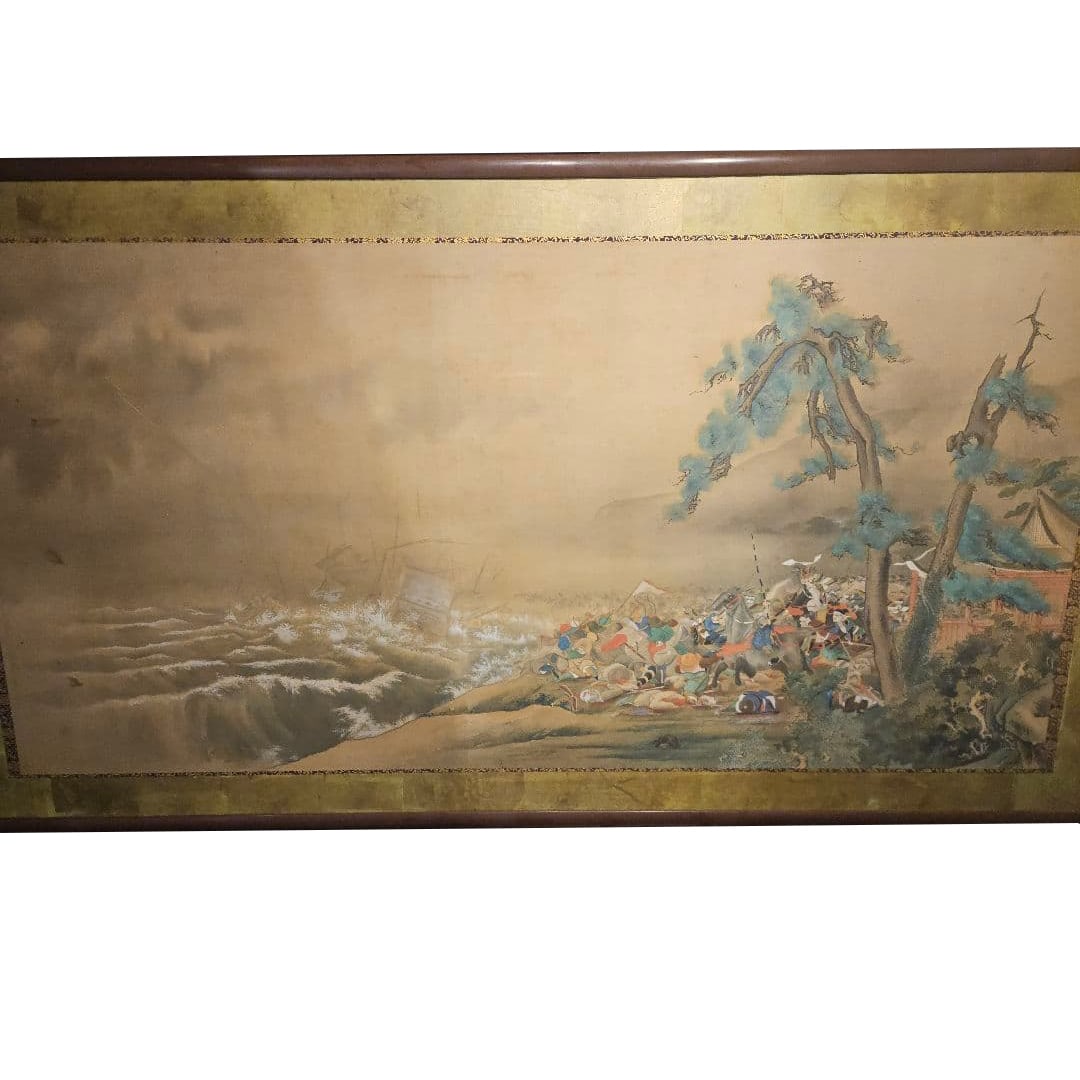 Komatsu Kosen "Moko Shurai-zu" Genko Kassen-e Nikuhitsu: This is a large framed hand-painted work by the modern Japanese painter Komatsu Kosen (1857-1938) from Satsuma. The painting depicts the historical "Mongol Invasions" (Genko), with a dramatic scene of