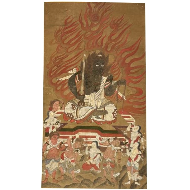 "Fudo Myoo and the Eight Great Youths" Mid-Edo Period Polychrome One Scroll: "Fudo Myoo Hachidai Doji-zu" Mid-Edo Period Polychrome 1 Scroll | Buddhist Art, Buddhist Statue, Shingon SectProduct Description Overall Scroll Dimensions: Approximately 183x71 cm, Main Paper Size: Ap