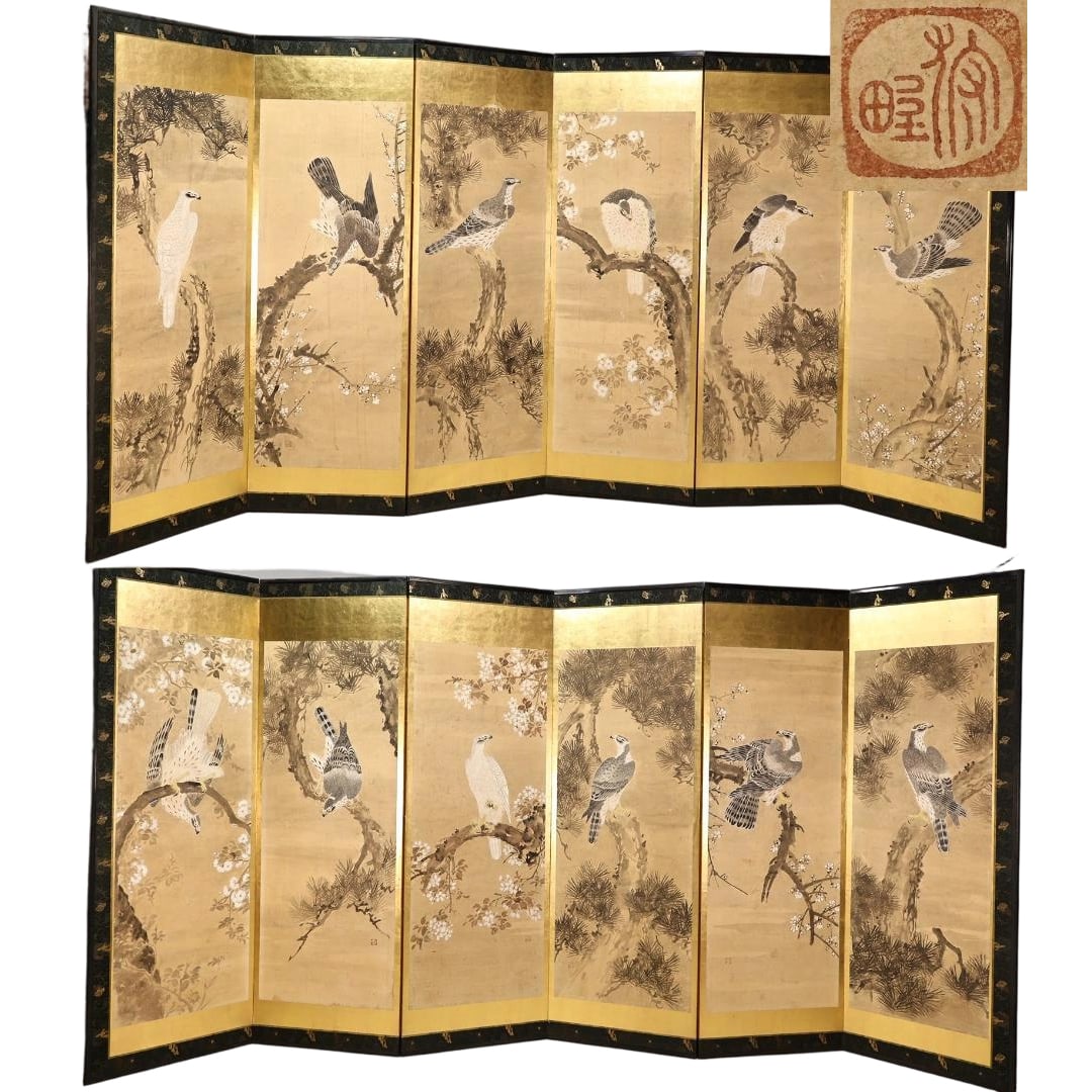 Kano School "Takanosu Zu: Pine and Cherry Blossoms" Six-panel Folding Screen, Nihonga: Kano School "Picture of a Hawk with Pine and Cherry Blossoms" Six-panel Folding Screen, NihongaDimensions (half pair): Height approximately 173 cm x Width 350 cm x Depth 1.6 cm