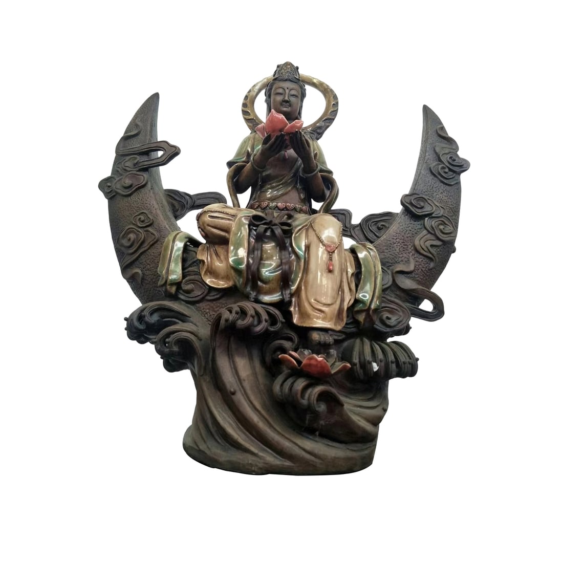 Zisha Glazed Guanyin Bodhisattva: This Zisha glazed Guanyin Bodhisattva is handcrafted by a renowned artist, featuring exquisite carving and excellent condition, showcasing the unique charm of Zisha craftsmanship.42x17x48 cm