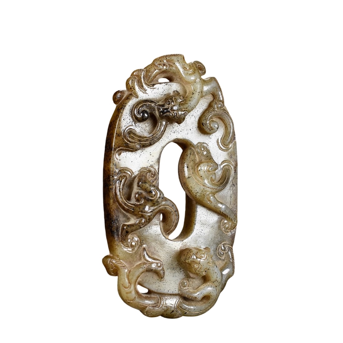 Hetian Jade Pendant with Vermilion Bird and Chi Dragon: This Hetian jade pendant features a vermilion bird and chi dragon, showcasing fine jade quality and sharp carving. The piece employs the intricate 'you si mao diao' technique, with a glass-like surfac