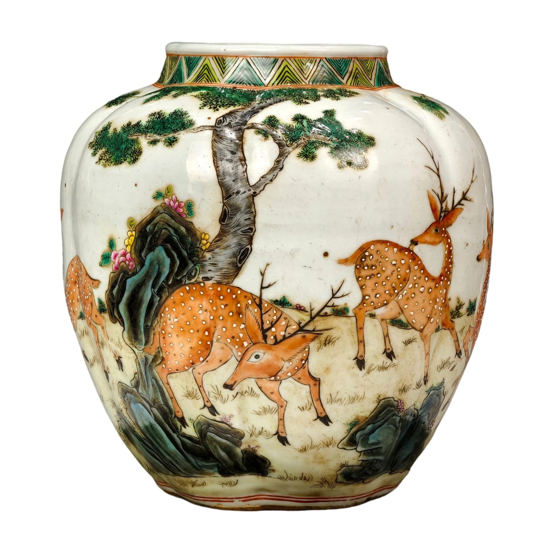 Yongzheng Famille Rose Melon-shaped Jar with 'Continuous Success' Design: This Yongzheng period famille rose melon-shaped jar features a white glaze base with overglaze painting of pine, deer, and rocks, symbolizing continuous success and longevity. The layered colors