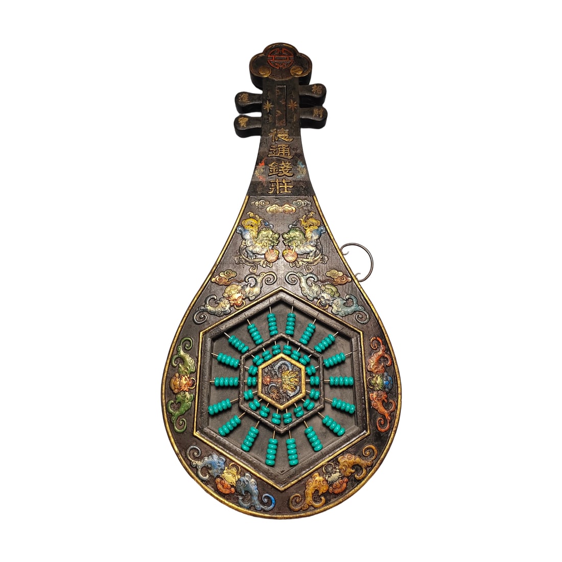 Solid Wood Gilded Pipa-style Lacquer Abacus: This abacus is crafted from solid wood with exquisite gilding, featuring a unique pipa-style shape with precise form and elegant design. The lacquered gold painting is delicate, with turquoise