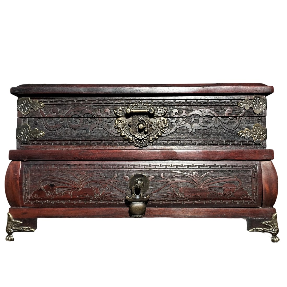 Rosewood Jewelry Box with Embellished Flower Design: This jewelry box is crafted from precious rosewood, featuring fine wood grain and a deep, rich color that exudes elegance. The embellished flower design adds a touch of classical charm, and the