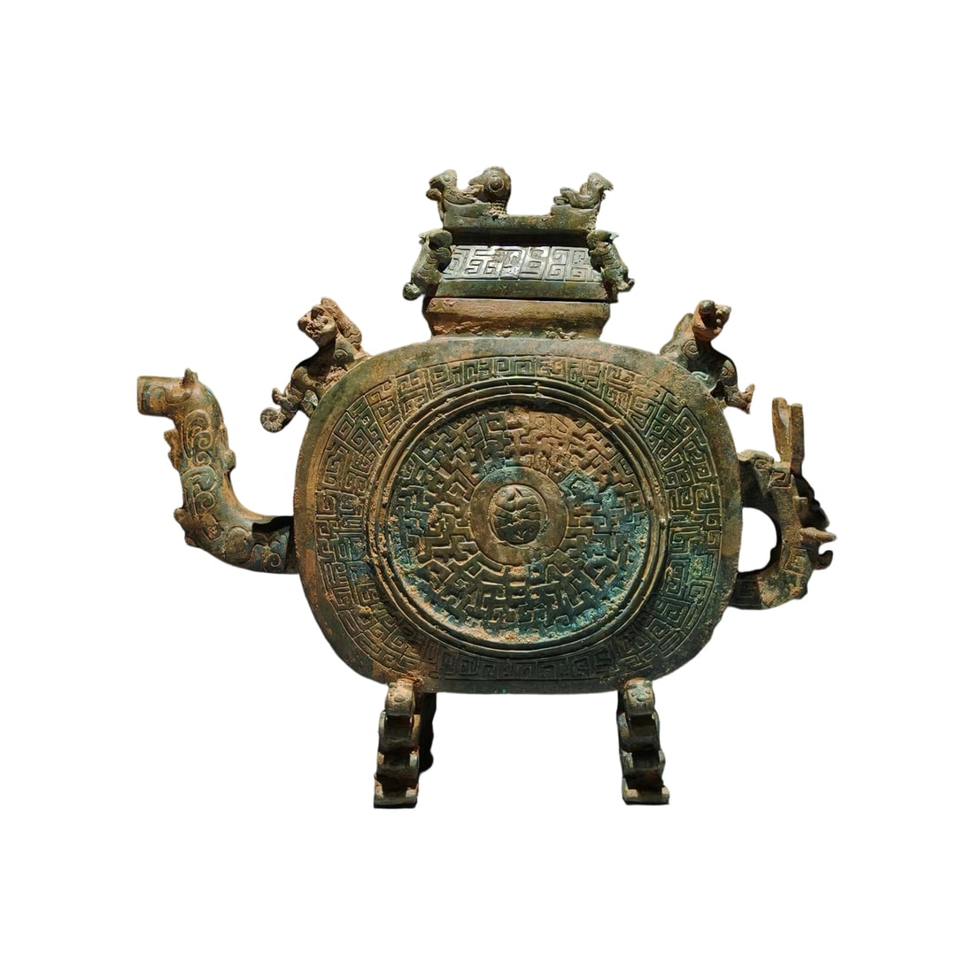 Spring and Autumn Period Cloud and Thunder Pattern Bird Lid Flat Hu: This flat hu from the Spring and Autumn Period is renowned for its unique cloud and thunder patterns and bird-shaped lid, showcasing the superb craftsmanship of ancient artisans. The elegant form and