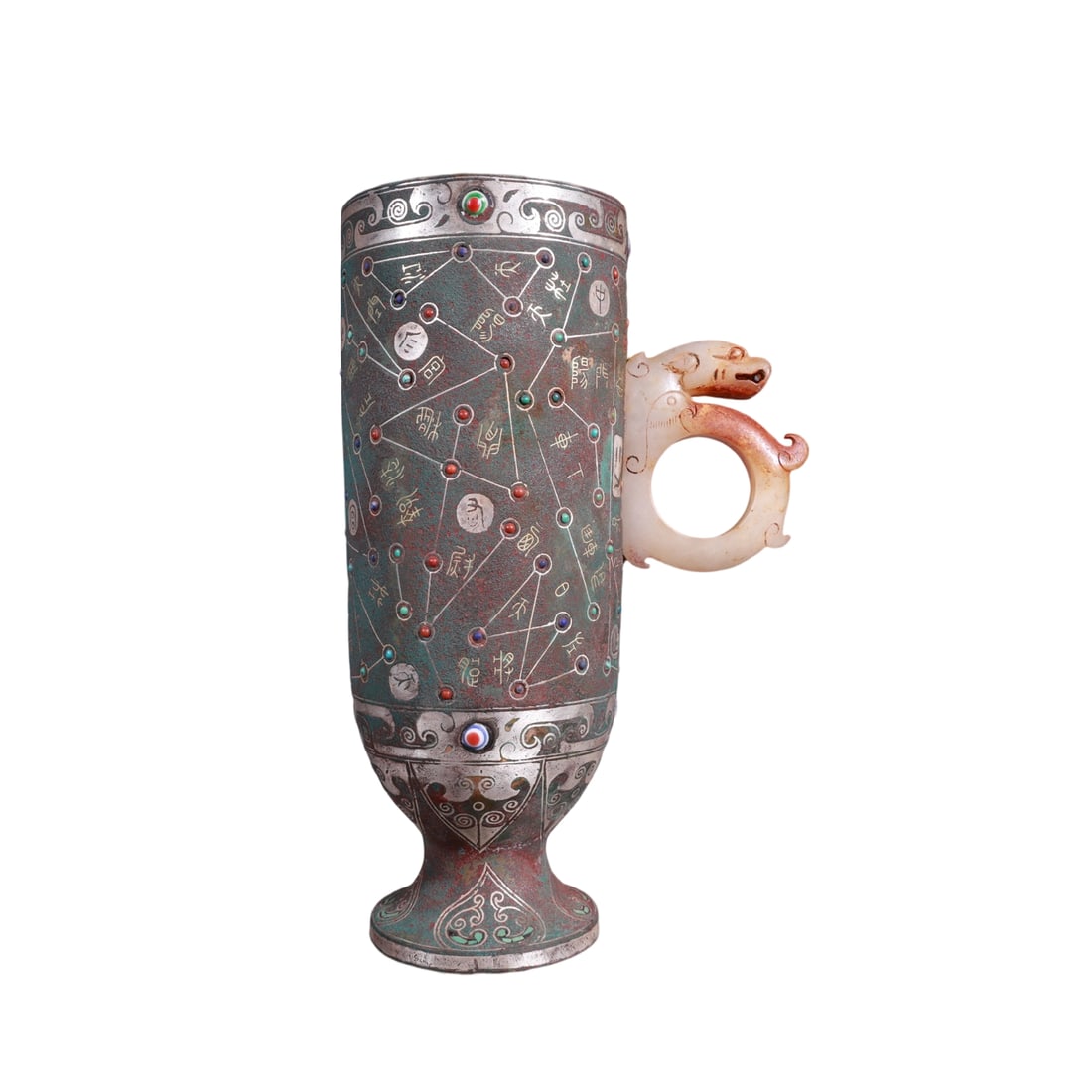 Warring States to Han Dynasty Bronze Cup with Gold and Silver Inlay and Dragon Handle: This bronze cup from the Warring States to Han Dynasty is a fine artifact, featuring exquisite gold and silver inlay with inscriptions. The dragon handle adds a majestic touch, while the gemstone