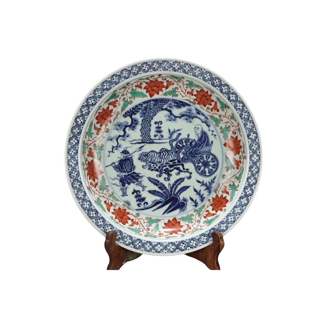 Yuan Dynasty Blue and White Red and Green Enamel Plate with Guaiguzi Figures and Lotus Scrolls: This large plate from the Yuan Dynasty is adorned with blue and white red and green enamels, featuring vivid Guaiguzi figures amidst lotus scrolls, showcasing the exquisite ceramic artistry of the