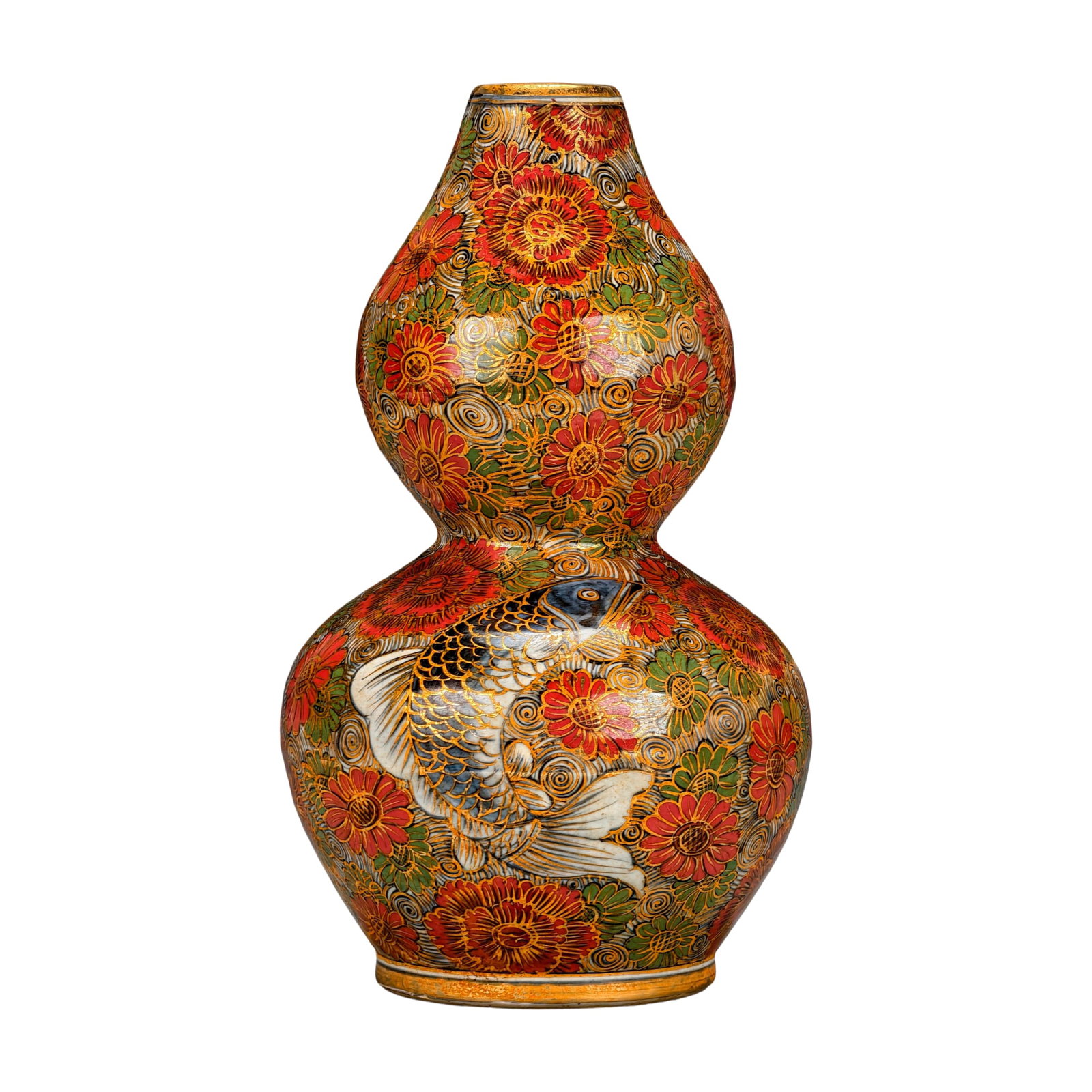 Yuan Dynasty Blue and White with Red and Green Enamel Fish and Algae Pattern Gourd Vase (1 of 10)