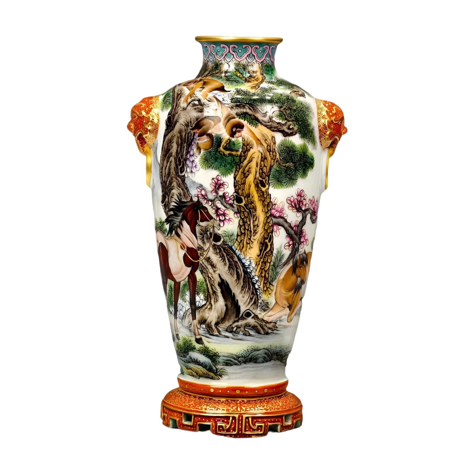 Qianlong Cloisonne Enamel Vase with 'Immediate Promotion' Design and Beast-Head Handles: The Qianlong period marked a peak in porcelain craftsmanship, and this cloisonne enamel vase is a fine example from that era. The piece features exquisite craftsmanship with gold-painted cloisonne ena