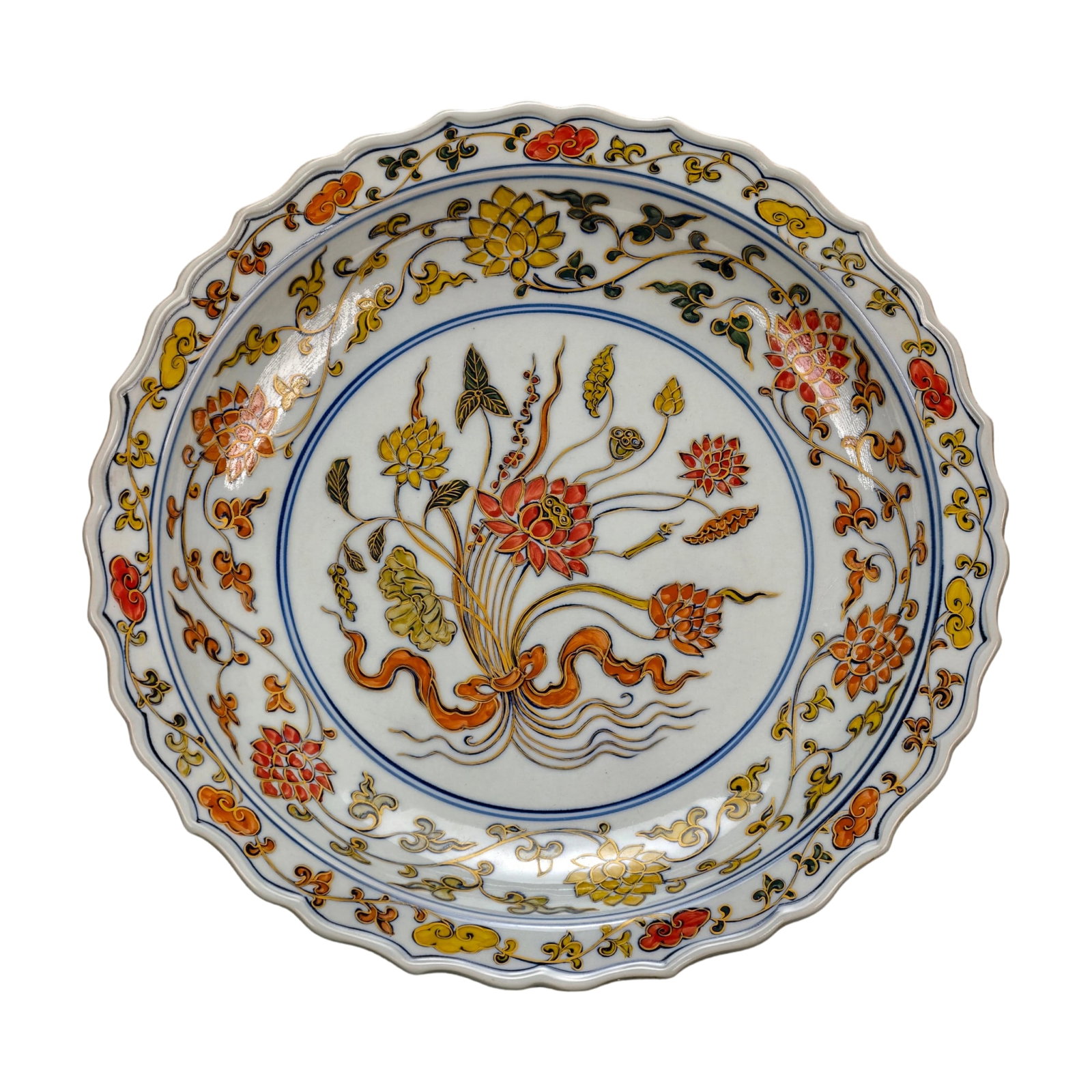 Ming Dynasty Underglaze Red and Green with Overglaze Yellow 'Lotus' Lobed Rim Plate (1 of 10)