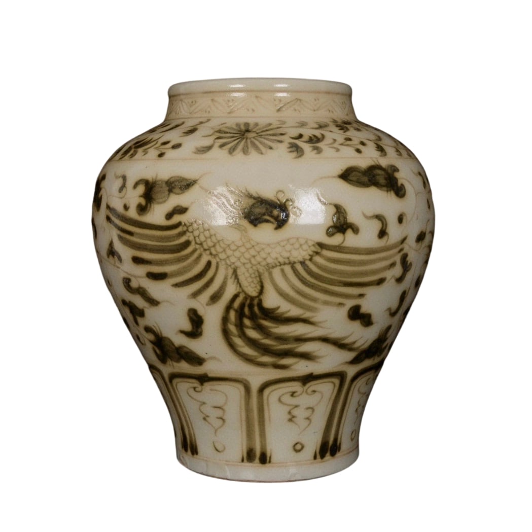 Song Dynasty Underglaze Red Phoenix and Peony Jar: This jar features underglaze red phoenix and peony motifs, with vibrant colors and vivid patterns, showcasing the exquisite ceramic artistry of the Song Dynasty. The overall shape is full and the