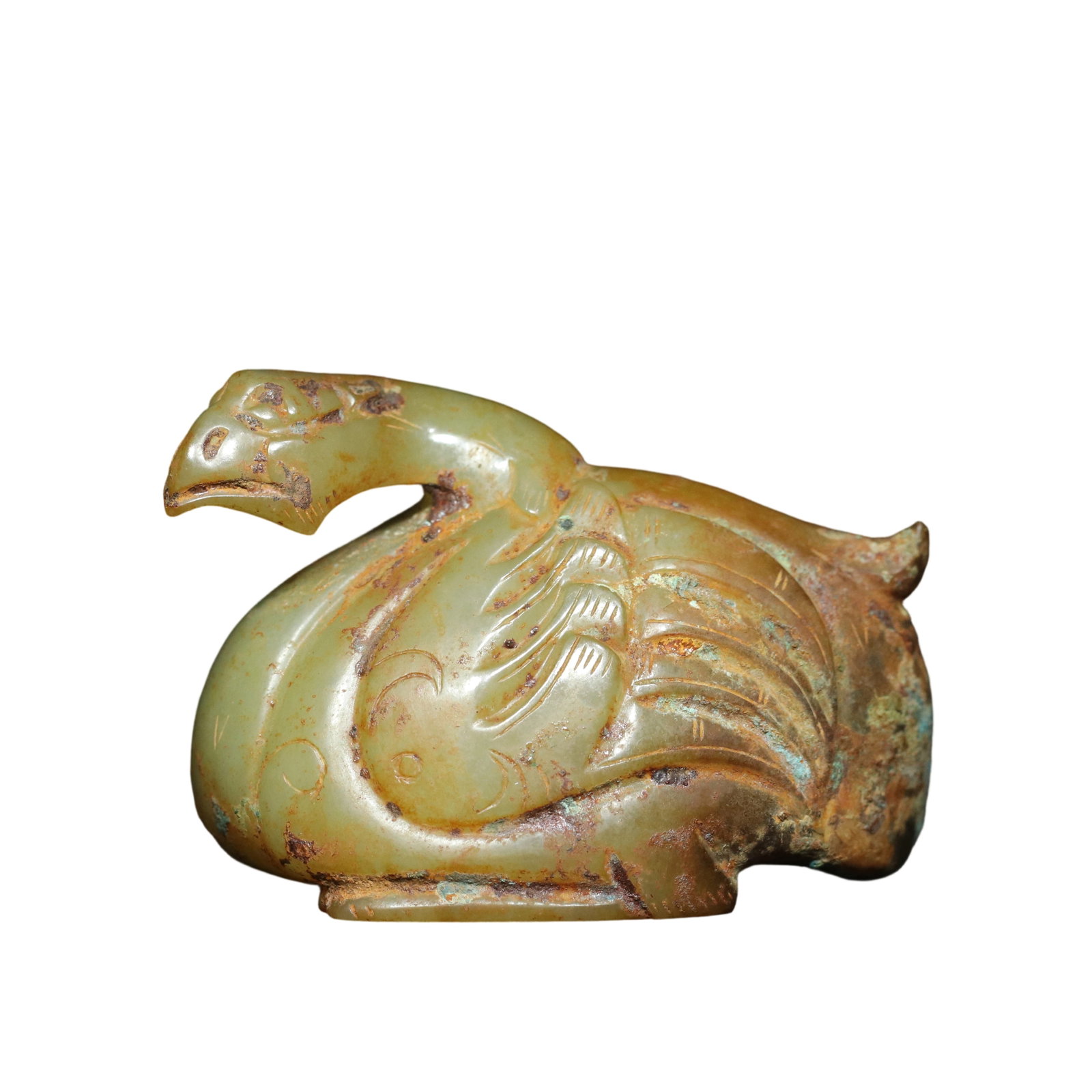 Han Dynasty Hetian Jade Goose Ornament: This Han Dynasty Hetian jade goose ornament features exquisite craftsmanship and fine jade quality, with a patina that reflects its age. The detailed carving and vivid form demonstrate the high level