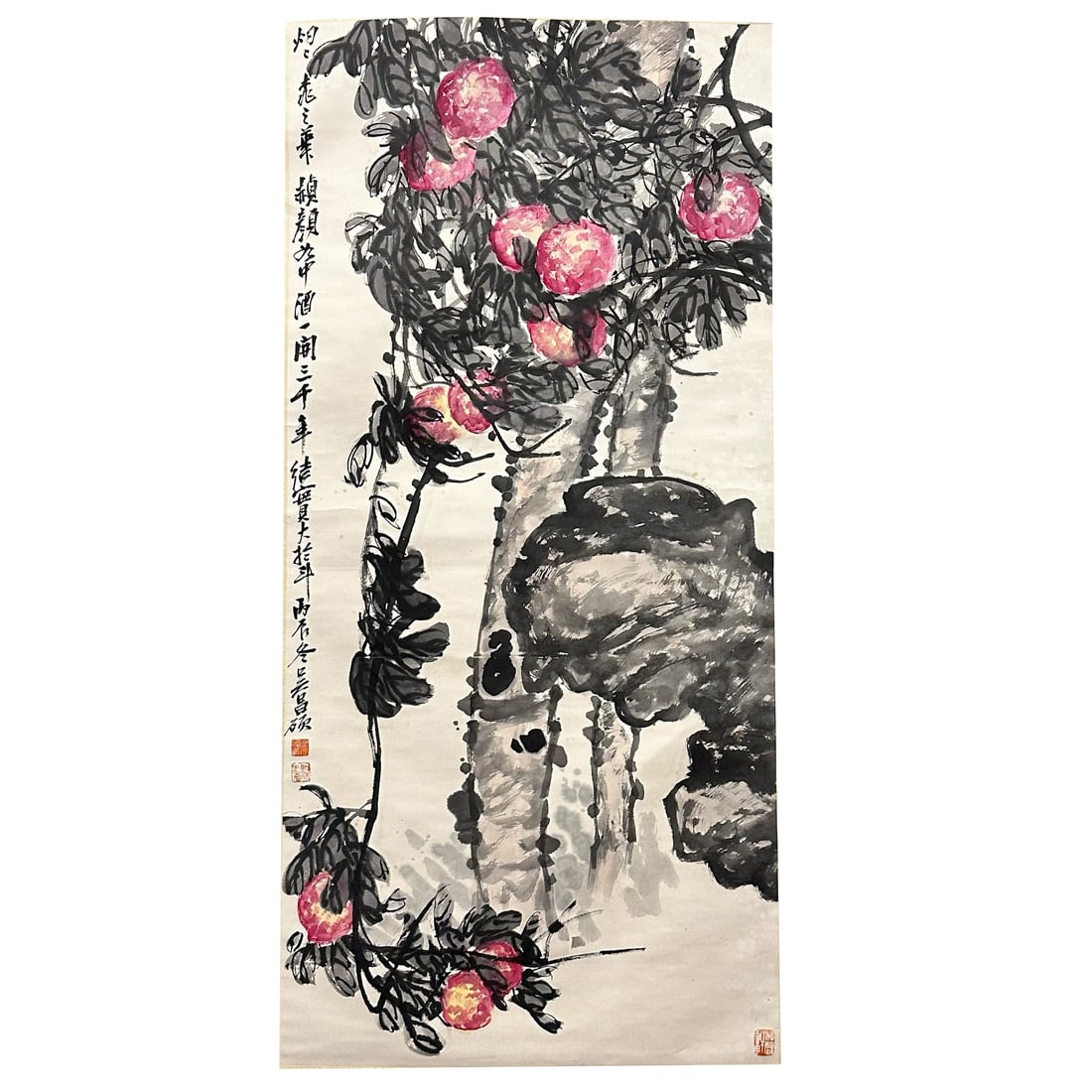 Wu Changshuo Hand-painted Paper Scroll with Fruits and Vegetables: Wu Changshuo showcases the vivid imagery of fruits and vegetables in this scroll with his unique artistic style. The paper material adds an ancient charm to the artwork, and the brushwork reveals the 