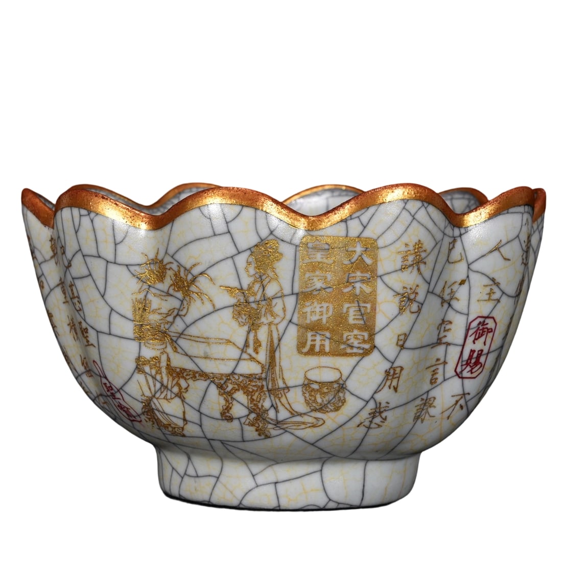 Song Dynasty Ge Kiln Gilt Inscribed Lotus Bowl with Lady Carving: This Song Dynasty Ge Kiln lotus bowl features gilt inscriptions at the rim, showcasing exquisite craftsmanship of ancient artisans. The bowl is adorned with lady carvings, with smooth lines and vivid 
