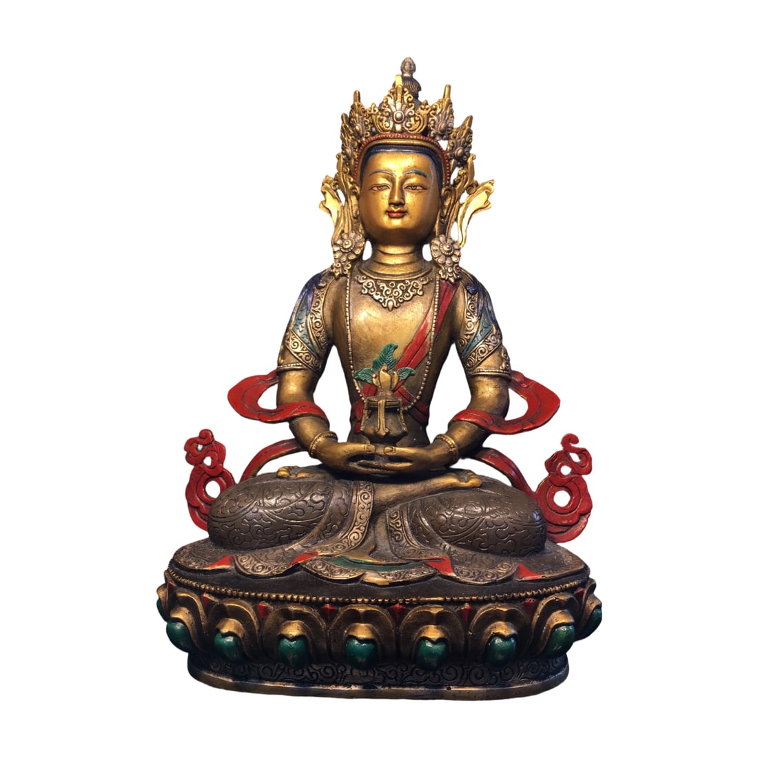 Pure Copper Painted Longevity Buddha Statue: This Buddha statue is crafted from pure copper with exquisite painting craftsmanship, featuring a heavy patina that reflects the passage of time and historical depth. 32x20 cm, weighs approximately 2.