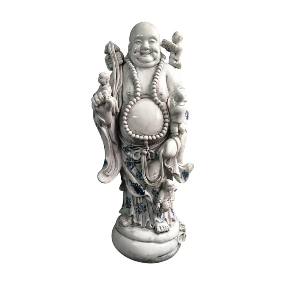 19th Century Blue and White Dehua Porcelain Arhat with Five Children Figurine (1 of 10)