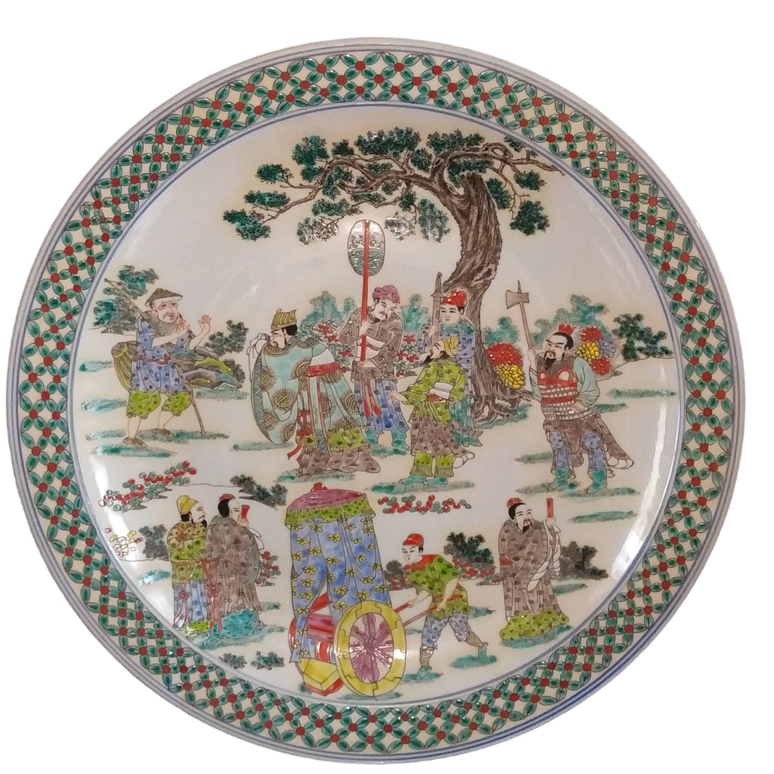 Qing Dynasty Kangxi Famille Rose Plate with Figurative Story: This plate from the Qing Dynasty Kangxi period is a famille rose hand-painted piece depicting a figurative story, representing the pinnacle of Qing porcelain craftsmanship. The figures on the plate
