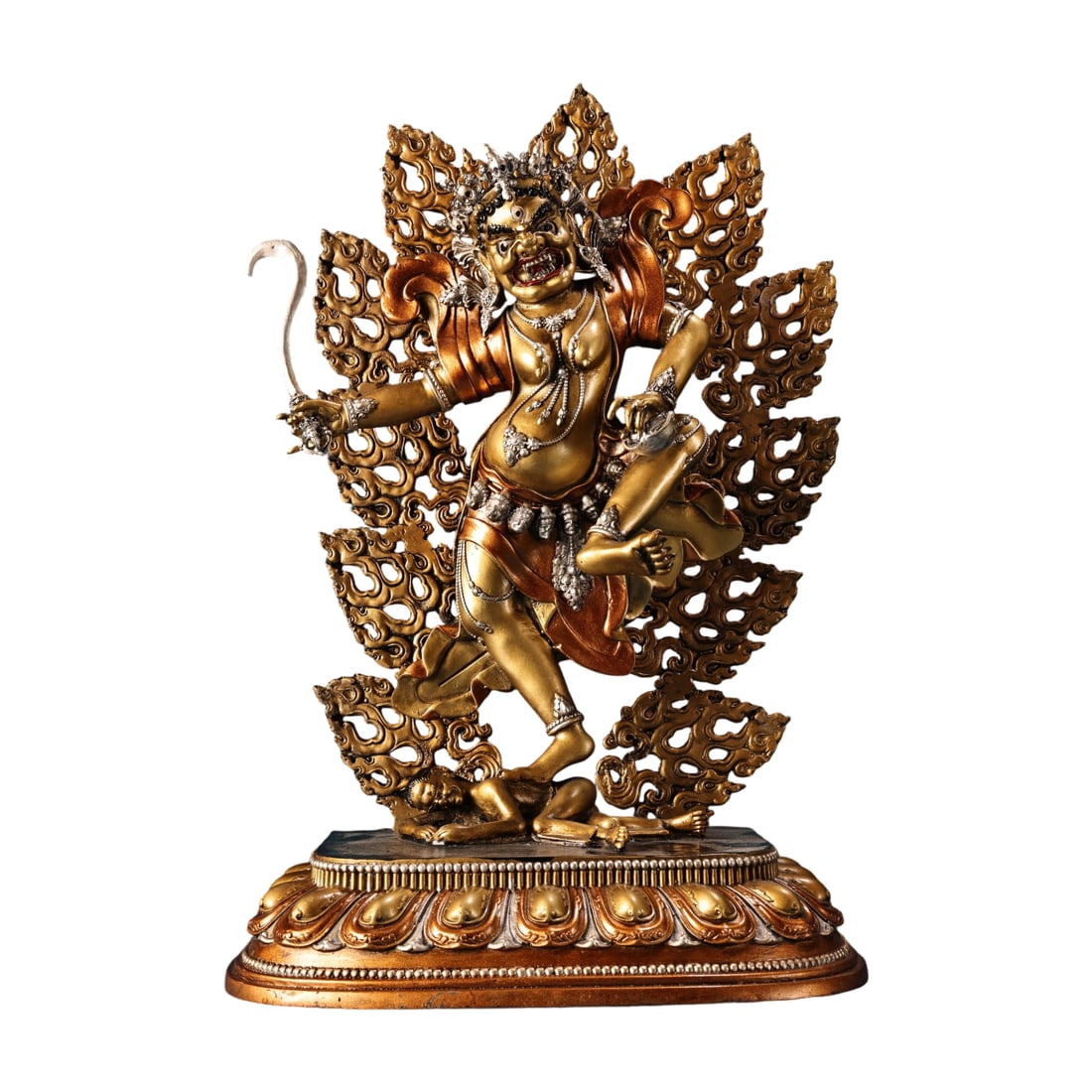 Tibetan Copper High Relief Engraved Gilded Protector Deity Statue: This Tibetan statue is crafted from pure copper, featuring high relief engraving and hand-painted gilding. The exquisite craftsmanship and elegant depiction reflect the unique charm of traditional Tib