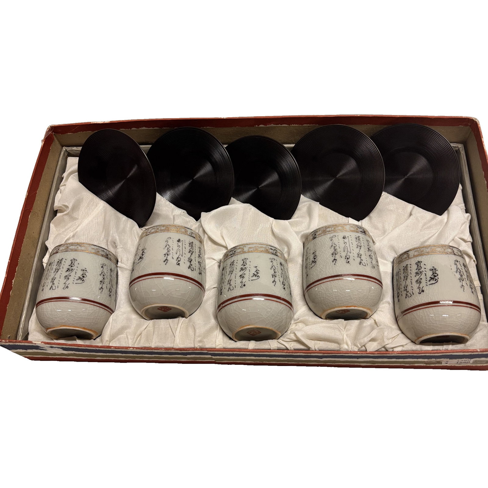 Kutani Ware Porcelain Tea Cups with Matching Saucers (Set of 5): This exquisite set of five Kutani Ware tea cups with matching saucers showcases the refined artistry of traditional Japanese porcelain. Kutani ware originated in the historic Kutani region of