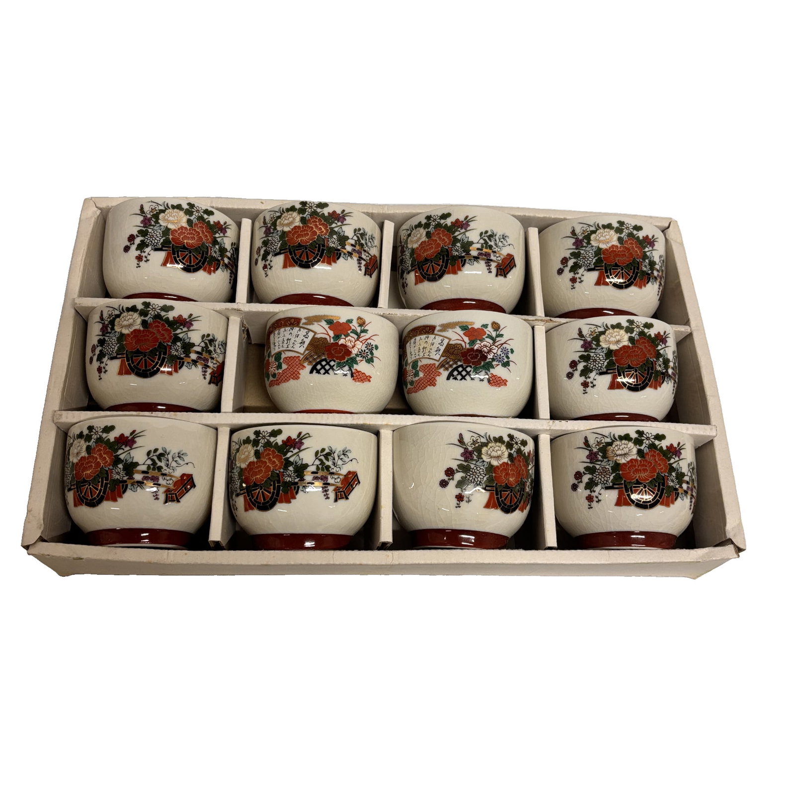 Kutani Ware Porcelain Tea Bowls (Set of 12) Handcrafted Japanese Kutani-yaki: This elegant set of twelve Kutani Ware tea bowls represents the refined beauty and master craftsmanship of traditional Japanese porcelain. Originating from Kutani in Ishikawa Prefecture, Kutani-yaki