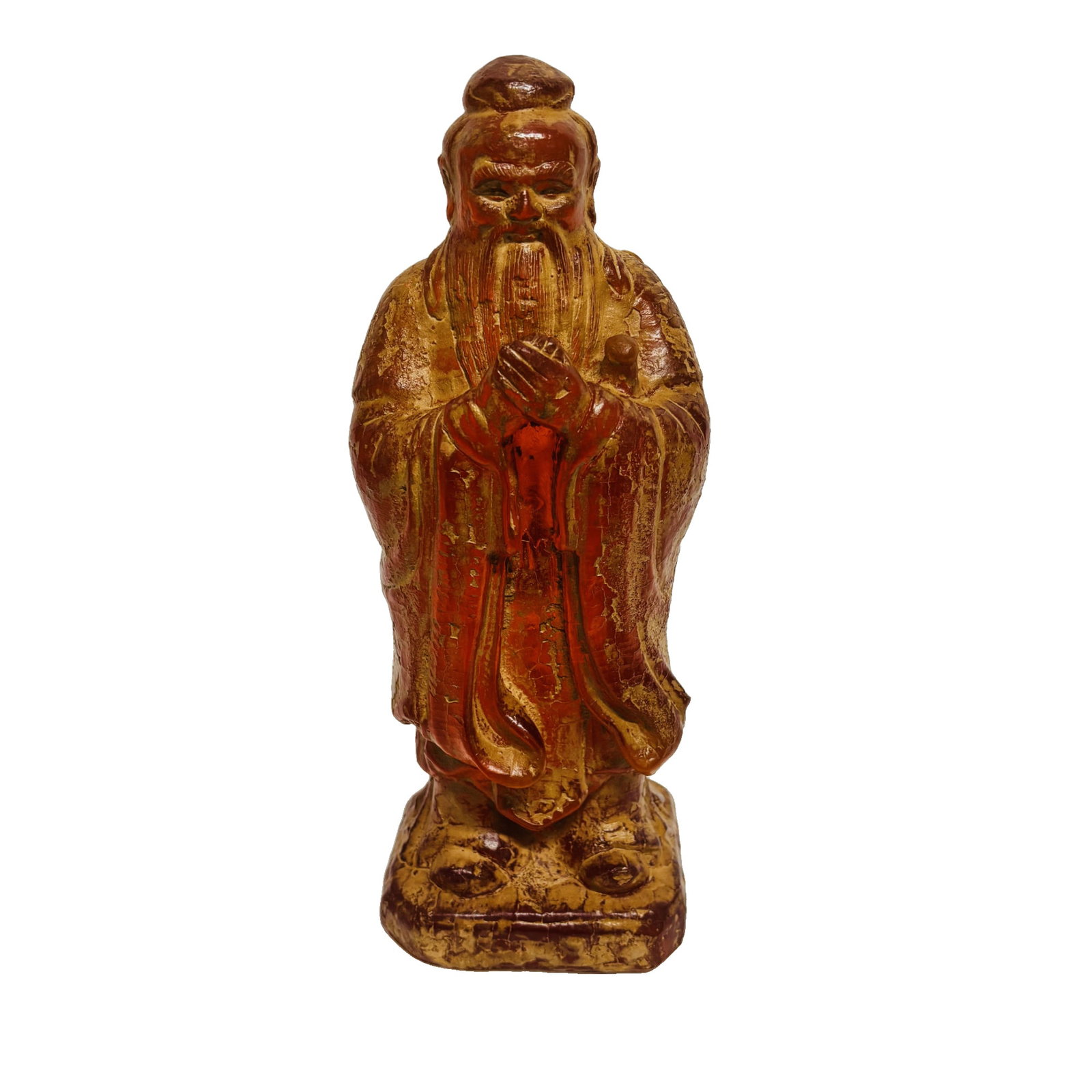 Qing Dynasty Amber Statue of Confucius Finely Carved Figure: This Qing Dynasty amber statue depicts Confucius, the revered Chinese philosopher whose teachings profoundly shaped East Asian thought and culture. Confucius is widely honored as a symbol of wisdom,