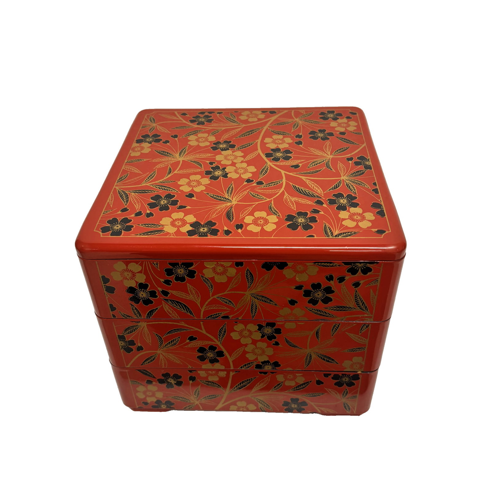 Synthetic lacquerware bento box, three layers: Product Name: Three-Layer Synthetic Lacquerware Bento BoxMaterial: ResinDimensions: Length 195mm, Width 195mm, Height 180mmProduct Description: The Japanese three-layer bento box is a type of